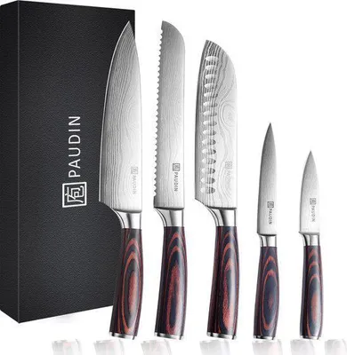 Produktbild von PAUDIN NS5 Messerset – 5-teilig | Japanische Messer | Kochmesser | Brotmesser | Santokumesser | Gemüsemesser | Edelstahl mit Damastmuster
