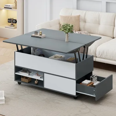 Produktbild von MODFU Couchtisch multifunktionaler Kaffeetisch Höhenverstellbarer mit Verstecktem Stauraum und Ablage,Beistelltisch mit Rollen und Schubladen,,grau