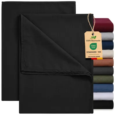 Produktbild von EllaTex 2er Pack Renforcé Bettlaken 140x200 Baumwolle – Betttücher Set ohne Gummizug, Farbe: Schwarz