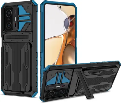 Produktbild von Xiaomi Mi 11T Pro Hülle, Hybrid Robust Schutz Stoßfest Schutzhülle mit Kartenhalter Ständer für Xiaomi Mi 11T / Mi 11T Pro Blau