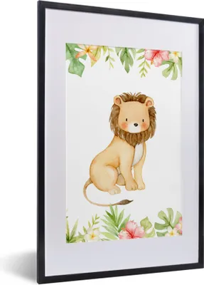 Produktbild von MuchoWow® MuchoWow® Gerahmtes Poster Löwe - Dschungel - Blumen - Blätter 40x60 cm - Poster mit zchwarzem Bilderrahmen - Poster in Rahmen