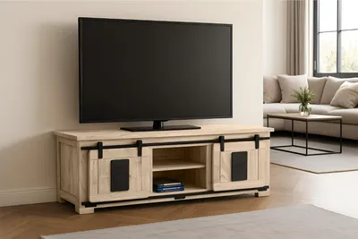 Produktbild von Lowboard Kommode TV-Board mit Schiebetüren & 6 Fächern Akazie massiv eiche 145 x 45 x 50 cm LIBRO