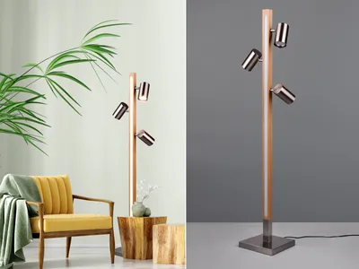 Produktbild von Kleine LED Stehlampen Holz / Metall 3 Spots schwenkbar für Wohnzimmer Ecke