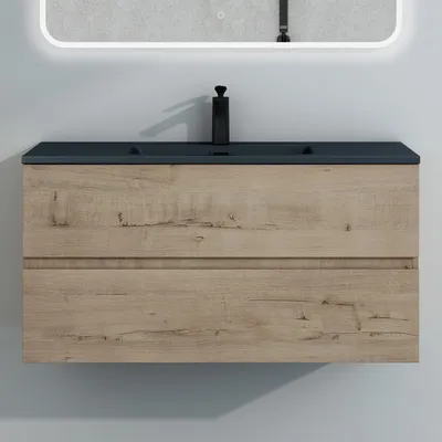 Produktbild von Mai & Mai Badmöbel-Set Waschtisch mit Unterschrank Mineralguss Waschbecken in Anthrazit Waschbeckenunterschrank 100x48x50cm Eiche Greige 2-Schubladen Soft-Close Aqualis