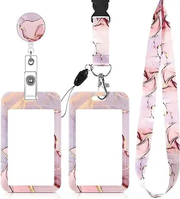 Produktbild von Famanu ID-Kartenhalter mit Rückholsystem und Karabinerhaken - Nackenband für Schlüssel, Zugangskarten und Arbeitsausweise (Rosa)
