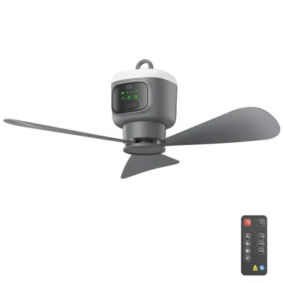Obrázek produktu pro 45cm přenosný stropní ventilátor s osvětlením, dobíjecí, 12 000 mAh, 4 rychlosti větru, s dálkovým ovládáním, vhodný pro venkovní použití, kempování, stany a obytné vozy
