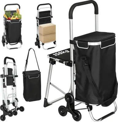 Produktbild von SUGIFT Einkaufstrolley mit Sitz, 3-Rad Treppensteiger, Einkaufswagen, Oxford-Stoff, Schwarz | 40 L | 59,5 x 46 x 97 cm | bis 150 kg