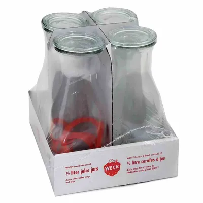 Produktbild von WECK 4T7-64 Saftflasche 1/2L inkl. Ringe und Klammern, klar/rot/silber (4er Pack)