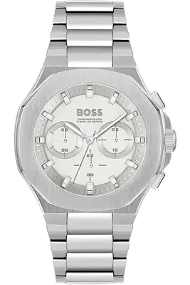 A silver Hugo Boss chronograph watch with a white dial, shown from the front against a white background.
