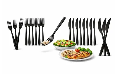Produktbild von 200 Stück Schwarzes Mehrweg Besteck Set – 100 Messer & 100 Gabeln – Wiederverwendbar, Spülmaschinengeeignet bis 125 Waschgänge (EN 12875-1) – Stabil