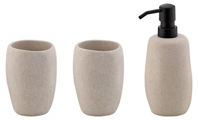 Image de Ensemble de salle de bain Kela 3 pièces RODA, en ciment : gobelet, porte-brosses à dents, distributeur de savon