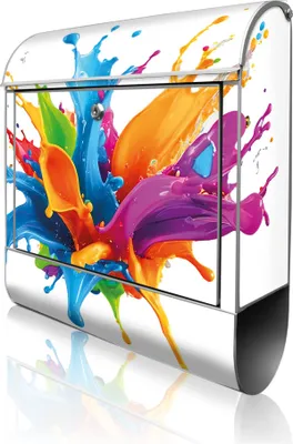 Produktbild von banjado Design Briefkasten Stahl silber mit Zeitungsfach pulverbeschichtet "Farbspritzer-Explosion" 38x46x12,5cm & 2 Schlüssel - Postkasten A4 Einwurf inkl. Montagematerial [BK 13326]