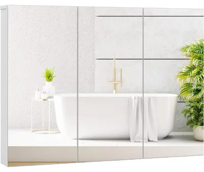 Image de Armoire de salle de bain avec 3 portes en miroir, modèle JV12091WH, dimensions : 86,5 x 13,7 x 63,5 cm, couleur : blanc