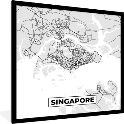 Produktbild von MuchoWow® Gerahmtes Poster Singapur - Karte - Stadtplan - Schwarz und weiß - Karte 40x40 cm - Poster mit Schwarzem Bilderrahmen Wandposter Rahmen Foto Bilder - Mit Rahmen - Wanddekoration Schlafzimmer