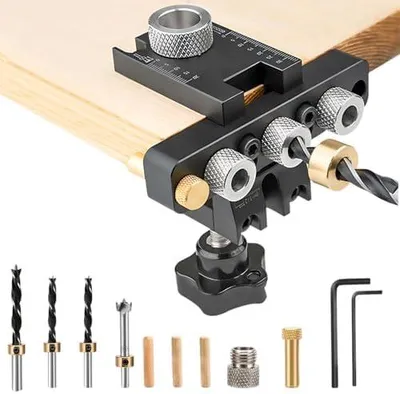 Produktbild von 3-in-1 Bohrschablone für Möbelbau mit Positionierungsclip und einstellbaren Bohrern