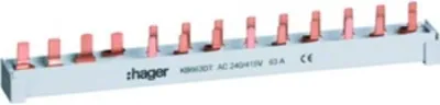 A product shot of a Hager busbar with multiple copper connectors.