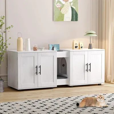 Produktbild von Holz Katzenklo Schrank - Doppel Katzentoilette Verkleidung - Versteckter Katzenklo Schrank für 2 Katzen - 140x45x57 cm - Weiß