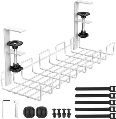 Produktbild von Ibenzoa® Kabelkanal für Schreibtisch, Weiß – Metall-Kabelmanagement unter dem Tisch, ohne Bohren, verstellbare Klemmen für 1–4,5 cm