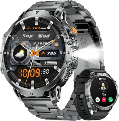 Smartwatch Herren mit Telefonfunktion, 1,85" HD Display, 1000mAh Akku, LED-Taschenlampe, 100+ Sportmodi, Herzfrequenz & Schlafmonitor, IP68