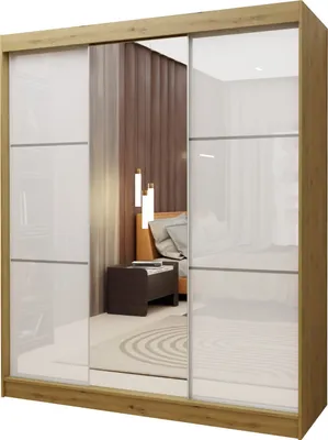 A three-door sliding wardrobe with mirrored and white panels, set against a neutral background.