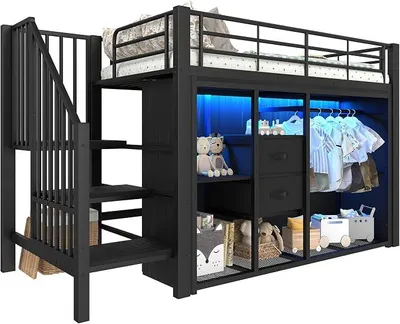 Produktbild von Hochbett mit Kleiderschrank, RGB LED-Streifen, Lattenrost, Treppe, Regal, Schubladen und Kleiderstange, Kinderbett mit Rausfallschutz, Metallbett (schwarz, 90x200 cm)