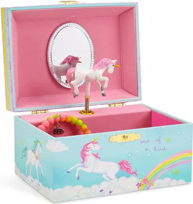 Produktbild von Jewelkeeper Schmuckkästchen für Mädchen – Schmuckkästchen aus Holz mit Musikinstrumentenmotiv „Einhorn“ – Schatztruhe für Kinder zur Schmuckaufbewahrung und Raumdekoration – Regenbogenfarben – 10,1 x 15,1 x 8,1 cm