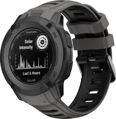 Produktbild von Strap-it Silikon-Sportarmband für Smartwatches mit Schnallenverschluss - passend für die größere Garmin Instinct 2x (dunkelgrau/schwarz)