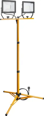 A yellow LED work light with two lamps on a tripod stand, shown against a white background.