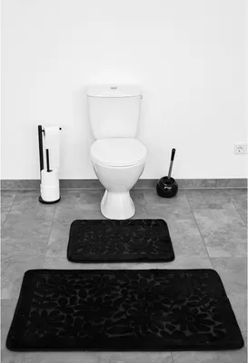 Produktbild von Almina Premium 2 teiliges Bademattenset aus Polyester Rutschfest Waschbar mit Blumenmotiv Schwarz