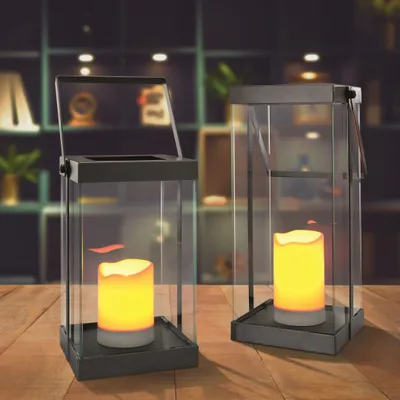 Produktbild von Technik All LED Design Laternen 2er Set 'Garda' – mit Flackerlicht, Timer & Batterien – Metall & Glas – Innen/Außen