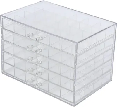 Obrázok produktu pre Organizér na nechty – úložná škatuľa s 120 priehradkami – akryl – 5 zásuviek – priehľadná – XL – na trblietky, ozdobné kamienky a šperky