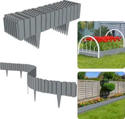 Image de UISEBRT, lot de 12 pièces, gris, bordure de parterre en bois, bordure de parterre, bordure de jardin, bordure de pelouse, palissade de jardin aspect bois en PP - 6,9 mètres
