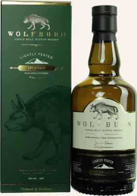 A bottle of Wolfburn Morven Highland Single Malt Scotch Whisky and its matching gift box are displayed side-by-side against a white background.