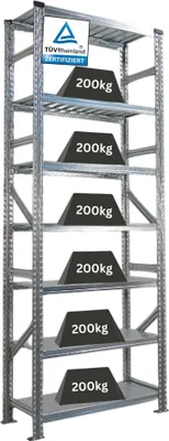 Produktbild von Fachbodenregal PROXIMO mit  Stecksystem | Grundregal | HxBxT 250x90x40cm | 7 Ebenen | Beidseitig nutzbar | Verzinkt
