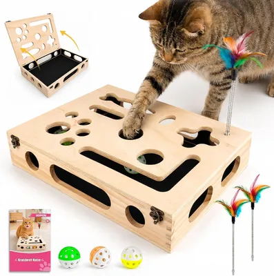 Productafbeelding van Krabbox voor katten - 3-in-1 kattenspeelgoed met nagelvijl - 3 belballen en 2 speelstokken - houten voerpuzzel