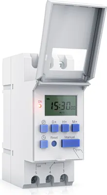 Produktbild von BEARWARE Zeitschaltuhr digital - für DIN Hutschienen im Verteilerschrank Schalttafeln – 2 Klemmen Input, 3 Klemmen Output - 16A/3650W – min. Schaltabstand 1 Minute – LCD Display – Manueller Modus