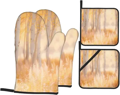 Produktbild von 4-teiliges Küchenhandschuh- und Topflappen-Set mit weißem Pappeldruck