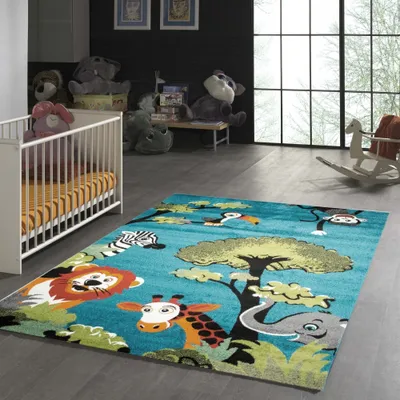 Produktbild von Bunter Kinderzimmer-Teppich mit Waldtiere in Blau Größe - 120 x 170 cm