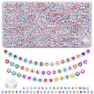 Immagine prodotto di Lettere in acrilico, 1600 pezzi, bianche, rotonde, per il fai da te, perline distanziatrici 7x4 mm, per gioielli, per intrecci fai da te, dall'A alla Z e simboli d'amore