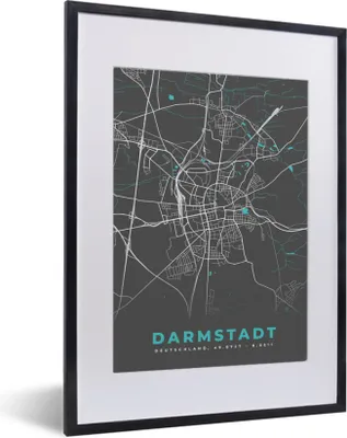 Produktbild von MuchoWow® Gerahmtes Poster Darmstadt - Stadtplan - Blau - Karte - Deutschland 30x40 cm - Poster mit Schwarzem Bilderrahmen Wandposter Rahmen Foto Bilder - Wandposter Schlafzimmer