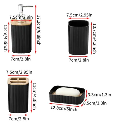 Produktbild von Badaccessoires Set 4-teilig, Seifenspender, Zahnputzbecher, Seifenschale, Halter, schwarz, für Badezimmer