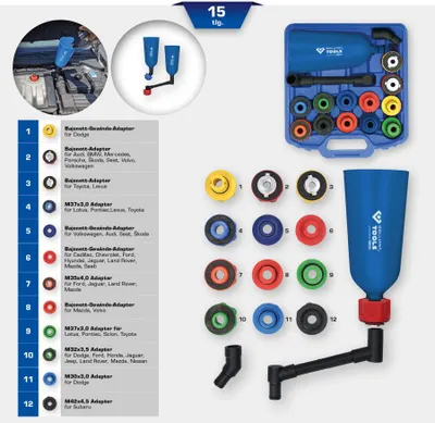 Immagine prodotto di Brilliant Tools MASTER Set di imbuti per il riempimento dell'olio con braccio angolare rotante, 15 pezzi