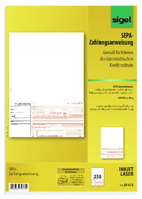 Produktbild von SIGEL ZV672 PC-SEPA-Zahlungsanweisung Österreich, A4, OCR-Spezialpapier, beleglesefähig, MP, 250 BL