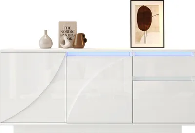Produktbild von Sweiko 140x40x60cm Seitenschrank mit 3 Schränken,kommode mit LED,Sideboard mit 1 Schublade,Schränke mit verstellbaren Einlegeböden,Hochglanz-Wohnzimmerschrank,MDF, weiß