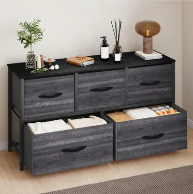 Produktbild von BALCONERA Schubladenschränke, Kommode Schwarze Holzmaserung Aufbewahrungskommode – 5 Stoffschubladen (mit Griffen), 100x30x55cm