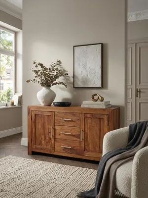 Produktbild von Sideboard Massivholz Sheesham Kommode 118 cm 3 Schubladen 2 Türen Design Highboard Landhaus-Stil braun natur