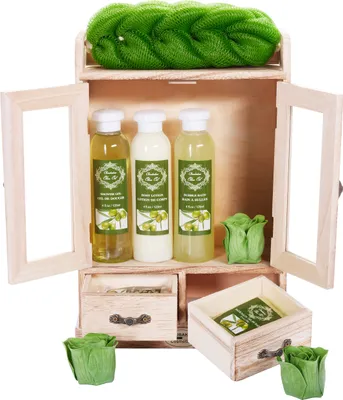 Produktbild von BRUBAKER Cosmetics Bade- und Pflegeset im Holzschrank - Wellness Badeset für Frauen - Damen Geschenkset mit Holz Dekoration, Oliven Duft