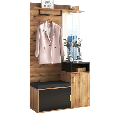 Produktbild von Garderoben-Set Raldento mit Spiegel, 4 Kleiderhaken, Schuhschrank und Fächer, Wandgarderobe, Flurgarderobe Sitzbank, oberes Ablagefach (Schwarz & Holz)