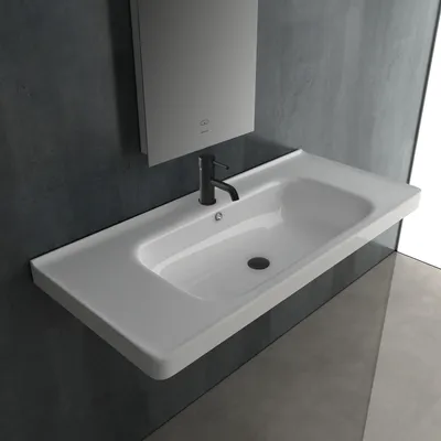 Produktbild von alpenberger Waschbecken Wandmontage Eckig Nano Keramik Weiß 100x45x18.5 cm mit beidseitiger Ablage, Hahnloch und Überlauf für Gäste-WC & Bad