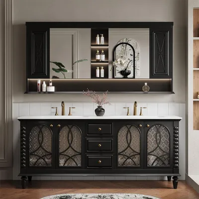 Image de Ensemble de meubles de salle de bains avec lavabo en pierre frittée et armoire de toilette, ensemble de salle de bains, meuble-lavabo avec meuble de rangement, ensemble de lavabo noir 130 cm /JGHEI/